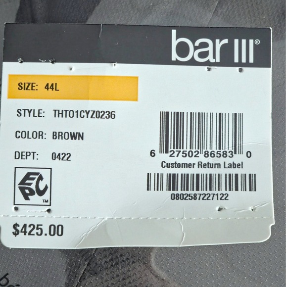 bar III‎ Sport Coat Mens 44L Brown Slim Fit Wool Blend Suit Blazer Jacket NWT - Picture 10 of 10